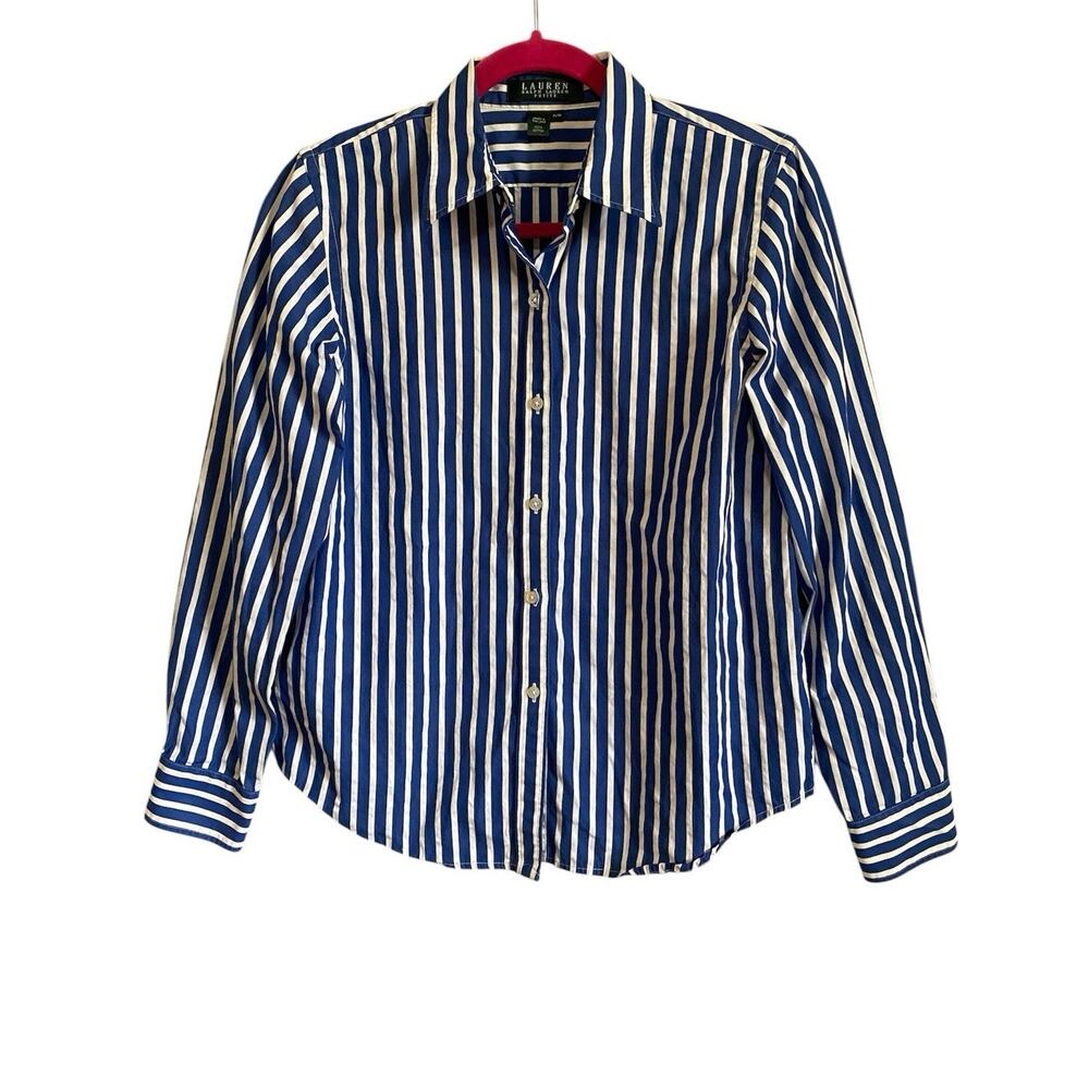 Ralph Lauren Women's Blue White Button-Down Cotton Medium Petite Classic Office